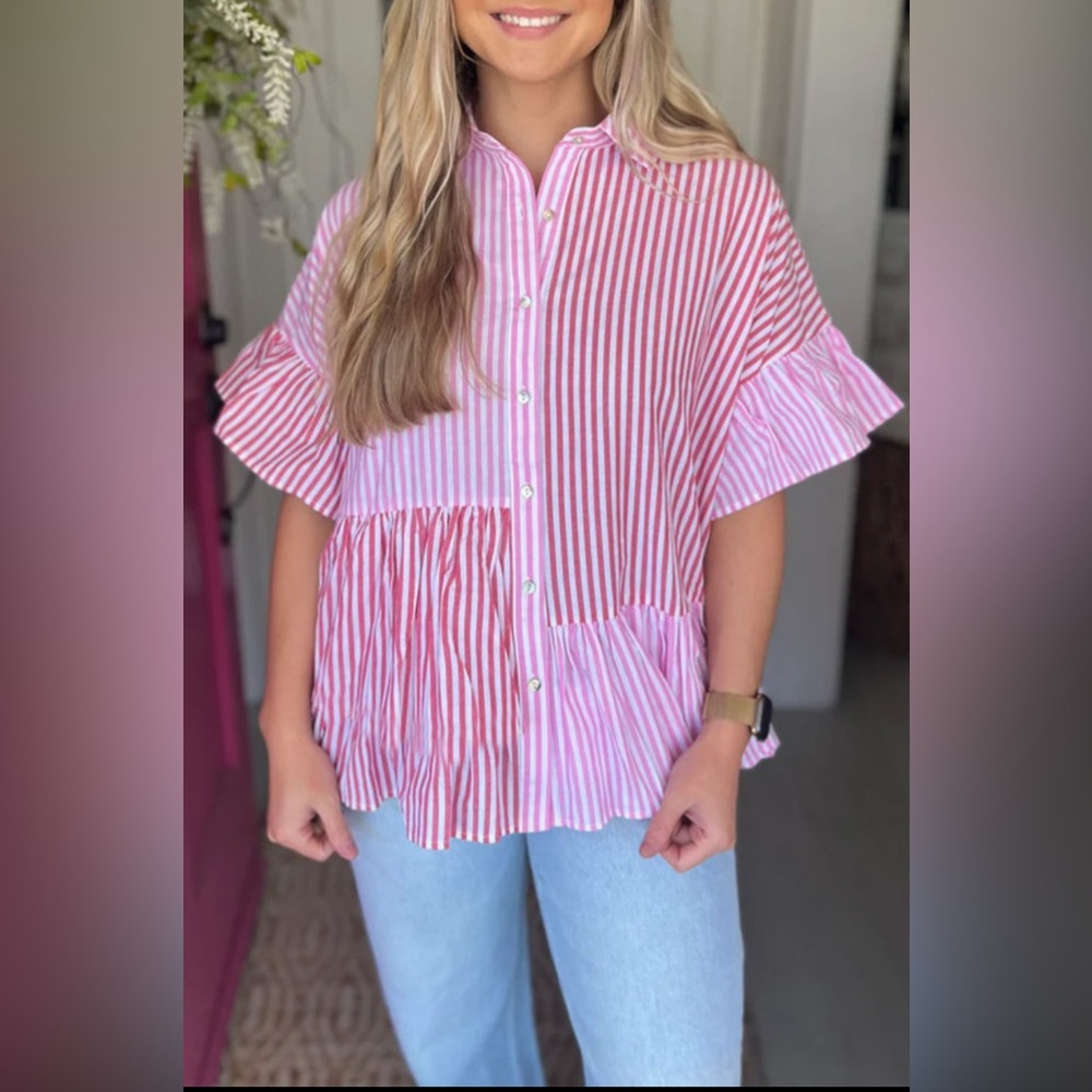 Poppy - Striped Pink and Red Button Down Shirt